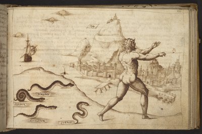 追加。 82955、f.133   人の姿を追う蛇。  、ヒストリアアニマルリウムから、 (さまざまな種の動物と神話上の生き物の 245 のペンとインクの図面で構成され、それぞれに説明が付いています。)    1595年 作： Italian School
