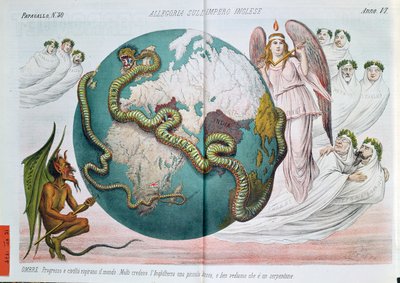 世界を絞め殺す大英帝国の寓意、1878年のルペロケ（Il Papagallo）の風刺漫画 作： Italian School
