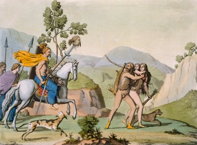 進出中の古代ケルトの戦士は、1800〜18年頃の狩猟中のカップルに遭遇します（色付きの彫刻） 作： Italian School