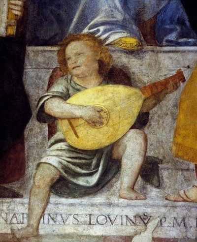 リュートを弾く天使の音楽家。17世紀にミラノの教会で描かれたフレスコ画の詳細。 作： Italian School