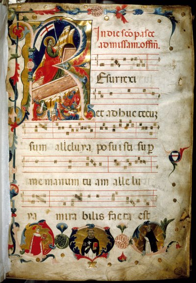 左下にドージェ・マリーノ・ゾルジの肖像があるアンティフォナリー（聖音楽の写本）。 作： Italian School