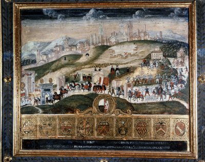 メディチ家のコジモ 1 世 (1389 年 - 1464 年) のシエナに到着 - 国立公文書館、シエナ。 作： Italian School