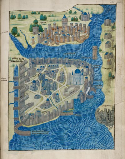 Arundel 93 fol.155 Cristoforo Buondelmonti (c.1385-c.1430) による「Liber Insularum Cycladum」からのコンスタンティノープルとペラの地図、c.1485 (ベラム) 作： Italian School