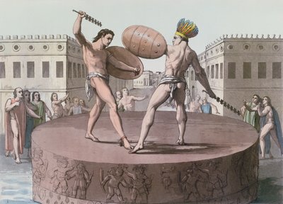 Cuauhxicalli、1820年頃の戦闘でのアステカ族の戦士 作： Italian School
