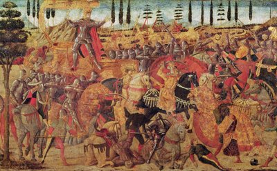 ダリウス (紀元前 399 ～ 330 年) とアレキサンダー大王 (紀元前 356 ～ 323 年) の間の戦い (パネルに油彩) 作： Italian School