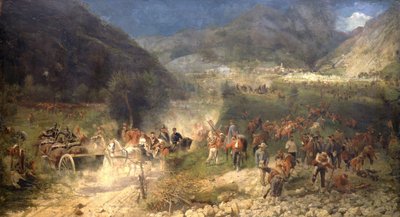 ベゼッカの戦い：ジュゼッペ・ガリバルディの義勇兵がオーストリア軍と戦った1866年7月21日の戦い。Museo del Risorgimento（リソルジメント博物館）。ミラノ。 作： Italian School