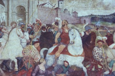 城壁の外での戦闘シーン、1460 年代 (フレスコ画) 作： Italian School