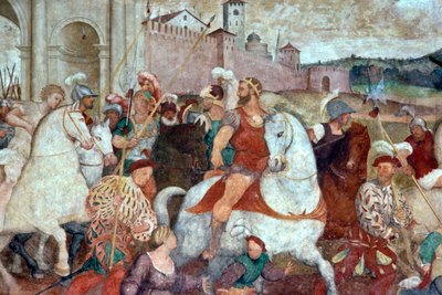 城壁の外での戦いの場面、1460年代頃（フレスコ画） 作： Italian School