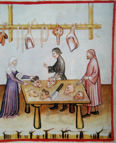 動物の頭を屠殺する。コーデックスVindobonensisシリーズNova 2644（fol.76v）、Tacuinum Sanitatisからのイルミネーション 作： Italian School