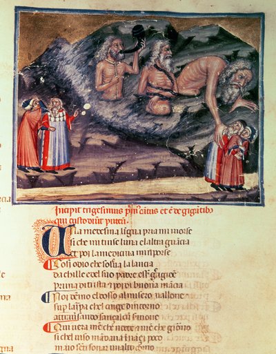 Canto XXXIダンテとヴァージル、ロストサークルの3人の巨人、神曲（インフェルノ）、1313年 作： Italian School