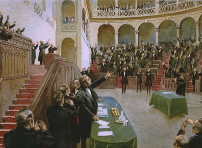 カブールは1861年2月18日に最初のイタリア国会にビクターエマニュエル2世（1820-78）を称賛し、チョコレートのために作られたリソルジメントの歴史に関するアルバムのイラストを掲載 作： Italian School