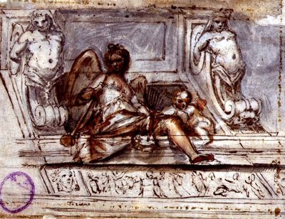 音楽のミューズが描かれた天井画、1700年頃（紙に水彩、ペン＆インク 作： Italian School