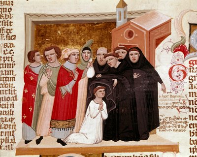 ローマ・カトリック教会の法律と規範を規定した1140年の「グラティアンの決定」（"Concordia discordantium canonum "または "Decretum Gratiani"）に登場するミニチュア修道士の習慣の儀式。14世紀 シエナ、ビブリオテカ・デッリ・イントロナティ 作： Italian School