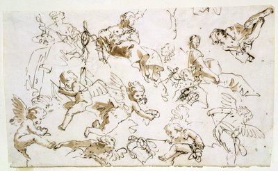 ケルビム、18世紀初頭（ペンとインク、紙の上で洗う） 作： Italian School