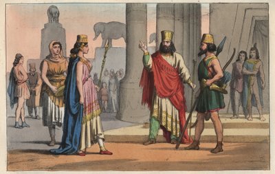 古代の文明 - ペルシャの衣装 - ペルシャ人の服 - 「宇宙のあらゆる人々の使用と習慣」からの彫刻。つまり、最も遠い時代から今日に至るまでの、すべての国の政府、法律、民兵、宗教の歴史です。 作： Italian School