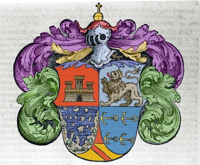 航海士クリストファー・コロンブス（1451-1506）の紋章：ecuの4つの部分は、上にカスティーリャ・レオンの都市を、下には覆われていない島々とアドミラルートのシンボルである錨を表している。図版は "Navigationi and Viaggi "に収録されています。 作： Italian School