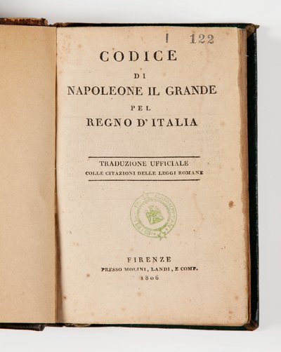 タイトルページで開いたイタリア王国のナポレオン大王の法典、フィレンツェ、モリニ、ランディエシー、1806年発行（印刷物） 作： Italian School
