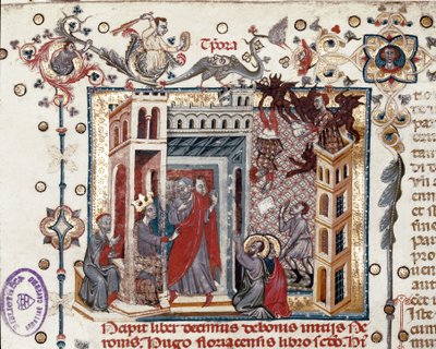Codices Cavenses、Cod.25 f.181、Simon Magus、Emperor Nero、and the Apostles、miniature from Speculum Historiale、Part I、by Vincent de Beauvais、c.1320（velera on templum） 作： Italian School