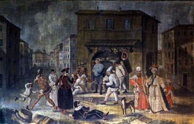 市街地の広場で表現するコメディア・デラルテのコミックたち。ローマ派の絵画 作： Italian School