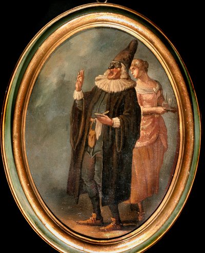 コメディア・デラルテ：イタリア喜劇の仮面である博士（バランツォーネ）のキャラクターの表現。18世紀の匿名の絵画。ローマの図書館とブルカルド劇場博物館 作： Italian School