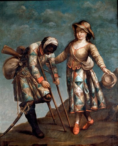 コメディア・デラルテ：イタリアの喜劇に登場するハーレクイン（Harlequin、Arlecchino）とコロンビーヌのキャラクターを表現したもの。18世紀の匿名の絵画。ローマ図書館・ブルカルド劇場博物館 作： Italian School