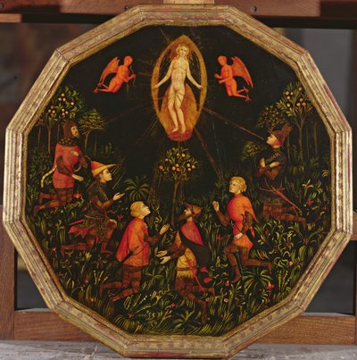 アキレス、トリスタン、ランスロット、サムソン、パリス、トロイラスの 6 人の伝説的な恋人たちによって崇拝されたヴィーナスの勝利を描いた監禁トレイ (パネルに油彩) 作： Italian School