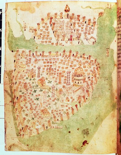 Cotton Vespasian A. XIII、f.36v：コンスタンティノープルの地図、1450年頃（ベラム） 作： Italian School