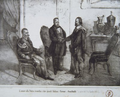 1861年4月24日にガリバルディとカブールの間の評議会 作： Italian School