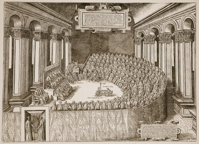 1563年にヴェネツィアで出版されたエッチングからのトレント評議会、1563年、イングランドの教会からのイラスト：HDM Spence-Jonesによる人々の歴史、パブ。 1910年頃（セピア写真） 作： Italian School
