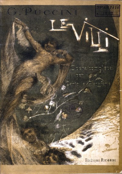 プッチーニ（1858-1924）のチャントとピアノのためのオペラ（1884年）全2幕「Le Villi」の楽譜の表紙。リコルディ出版。 作： Italian School