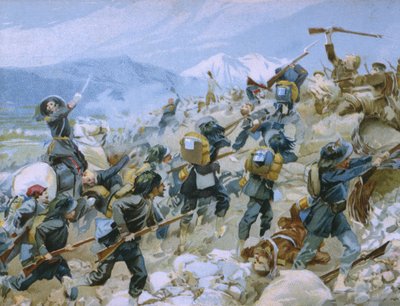 クリミア戦争とチェルナヤの戦い、1855年8月16日、チョコレートタルモーネのために作られたリソルジメントの歴史に関するアルバムのイラスト、19世紀後半 作： Italian School