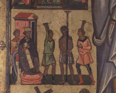 磔刑と受難の物語：キリストの鞭打ちを示す細部、ルッカの学校（パネルにテンペラ） 作： Italian School