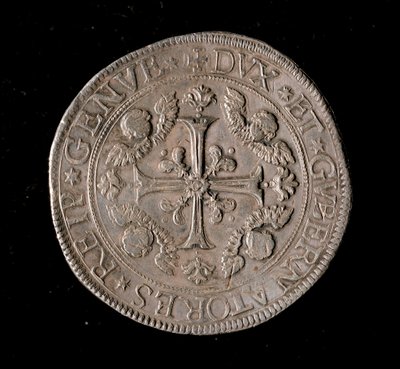 ゲネス共和国の通貨：5エキュース銀貨。直径61mm。1693.正面。ゲネス共和国新旧対照表(Musei di Strada Nuova) 作： Italian School