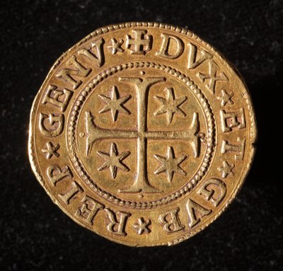 遺伝子共和国の通貨：5つの金のドッピーコイン。ディアム。 41mm。 1642.フロント。遺伝子Museidi Strada Nuova 作： Italian School