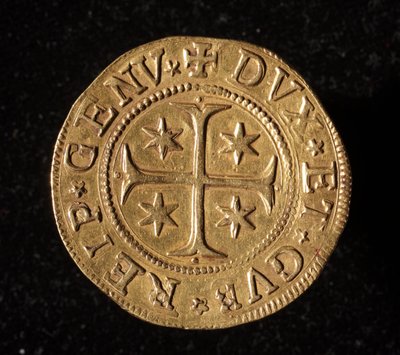 遺伝子共和国の通貨：5つの金のドッピーコイン。ディアム。 41mm。 1652.フロント。遺伝子Museidi Strada Nuova 作： Italian School