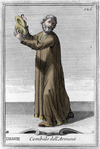 アルメニア楽器のシンバルとパーカッション。イエズス会のフィリッポ・ボナンニ（1658-1723）が1725年に作成した楽器の研究書「Gabinetto Armonico pieno d
