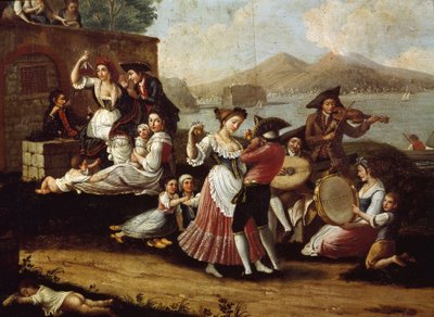 ナポリのダンスシーンと大衆パーティー タランテラ（タランテラ、タランテラ）の踊り子たち。匿名の絵画。18世紀 ナポリ、サンマルティーノ国立博物館 作： Italian School