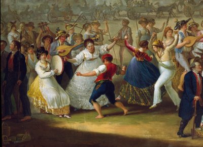 ナポリのダンスシーンと大衆パーティー タランテラ（タランテラ、タランテラ）の踊り子たち。匿名の絵画。18世紀 ナポリ、サンマルティーノ国立博物館 作： Italian School