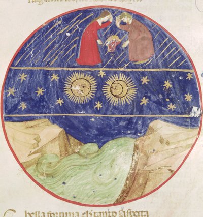 ダンテとベアトリスは、ダンテアリギエーリ（1265-1321）によるDivina Commediaから、ジェミニ、惑星、地球のサインを考えています。 作： Italian School