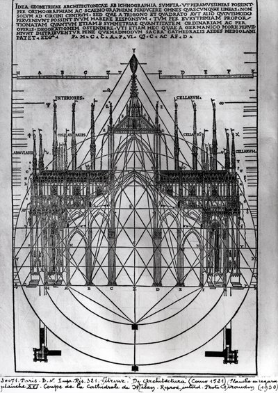 ミラノ大聖堂のデザイン、Vitruvius、コモ、1521年のDe Architecturaのイラスト 作： Italian School