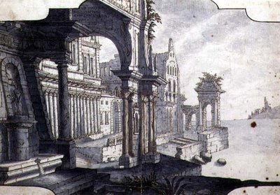 舞台装置のデザイン、1750年頃（紙にペンとインク、水彩画） 作： Italian School