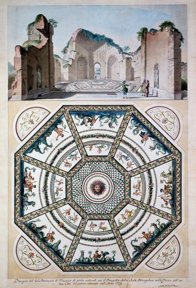 八角形のモザイク床のデザイン、1779（ペンとインク、紙にトイレ） 作： Italian School