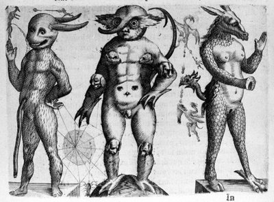 半分人間、半分動物の体を持つ様々なタイプのモンスター人間。イタリアの科学者Fortunio Liceti (1577-1656)の「De monstrorum natura, causis et differentiis」からのエングレーヴィング。1646 作： Italian School