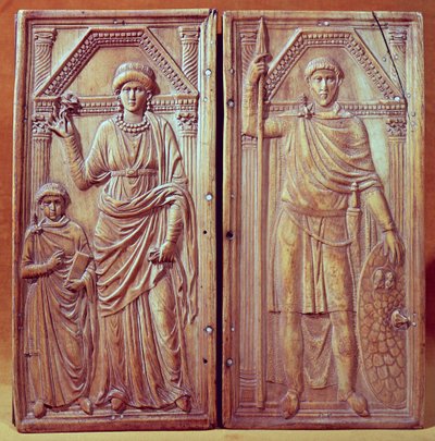 Stilicho（c.365-408）、SerenaおよびEuchariusを描いた二部祭壇画 作： Italian School