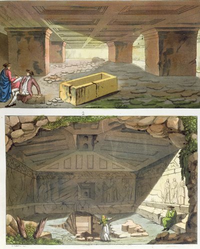 エトルリアの墓の発見、1820年頃（カラー彫刻） 作： Italian School