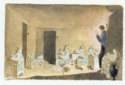 エトルリアの墓の発見。 Francesco Inghirami（1772-1846）によるMonumenti Etruschiのイラスト、フィエゾレ、1825年（カラー彫刻）で公開 作： Italian School