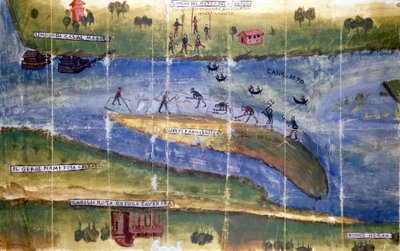 ポー川の住民の間で、氷を採取する権利をめぐって紛争が発生。1535.ミラノ、国立アーカイブ。 作： Italian School