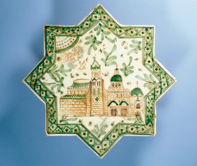 中央に玉座に座るフレデリク2世を描いた8角タイル、装飾陶器、アレッシィ社製、イタリア、シチリア、カルタジローネ、20世紀 作： Italian School