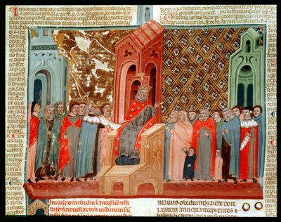 Justinianus Istitutionesの皇帝ユスティニアヌス帝（483-565）とその宮廷 作： Italian School