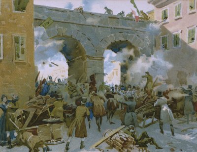 1848年3月18日から22日までのイベント、ミラネーゼがオーストリア人を追いかける、19世紀後半のチョコレートタルモーネのために作られたリソルジメントの歴史に関するアルバムのイラスト 作： Italian School